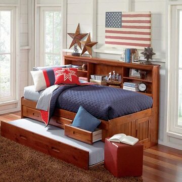 Donco Twin Bookcase Daybed With 3 Drawer Storage And Twin Trundle Bed In Merlot Finish - KeyBedroom