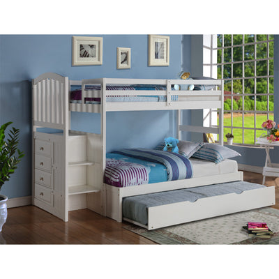 Donco Twin/Full Arch Mission Stairway Bunk Bed With Ext Kit With Trundle Bed White Finish - KeyBedroom
