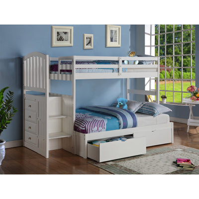 Donco Twin/Full Arch Mission Stairway Bunk Bed With Ext Kit With Dual Under Bed Drawers White Finish - KeyBedroom