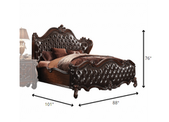 HomeRoots 88" X 101" X 76" 2-Tone Dark Brown PU Cherry Oak Wood Poly Resin Upholstery California King Bed - KeyBedroom