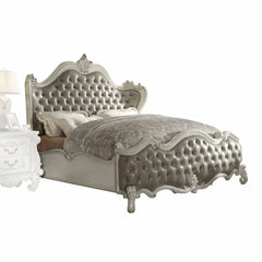 HomeRoots 92" X 97" X 76" Vintage Gray PU Bone White Wood Poly Resin Upholstery Eastern King Bed - KeyBedroom