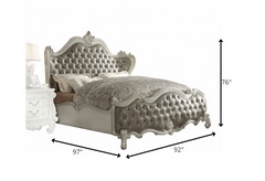 HomeRoots 92" X 97" X 76" Vintage Gray PU Bone White Wood Poly Resin Upholstery Eastern King Bed - KeyBedroom