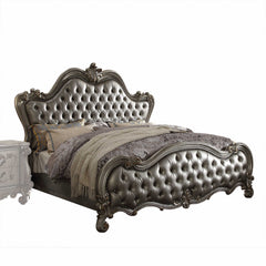 HomeRoots 85" X 102" X 75" Silver PU Antique Platinum Upholstery Poly Resin California King Bed - KeyBedroom