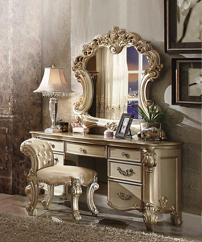 HomeRoots Elaborate Carved Gold Patina Finish Desk Vanity Dressing Table With 7 Drawers - KeyBedroom