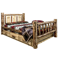 Montana Woodworks Glacier Country Collection Twin Storage Bed w/ Laser Engraved Design - KeyBedroom