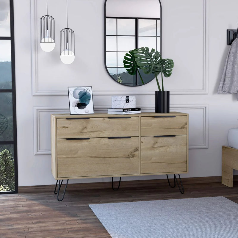 Depot E-Shop Aster Double Dresser, Four Drawers, Superior Top, Hairpin Legs - KeyBedroom