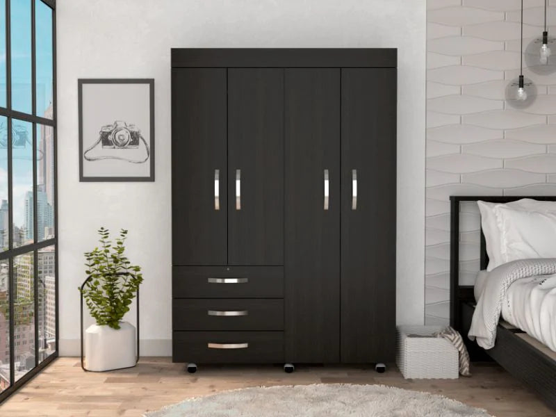 Depot E-Shop Hamilton Mobile Armoire, Double Door Cabinet, Three Drawers, Rods, Two Shelves - KeyBedroom