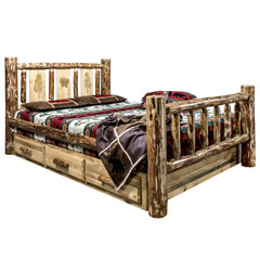 Montana Woodworks Glacier Country Collection Queen Storage Bed w/ Laser Engraved Design - KeyBedroom