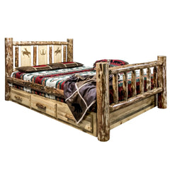 Montana Woodworks Glacier Country Collection California King Storage Bed w/ Laser Engraved Design - KeyBedroom